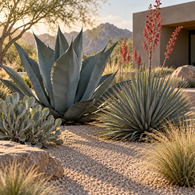 Sculptural Low-Desert — Bold shapes, gravel & almost no water